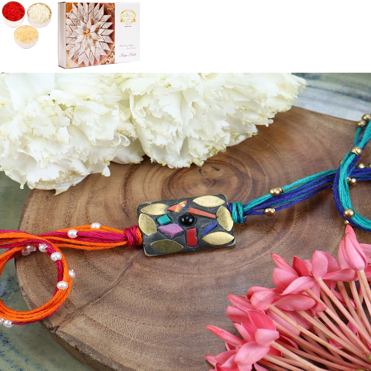 Rakhis Online USA- ST24-037- Metal Mosaic Premium Rakhi with 200 gms of Kaju katli