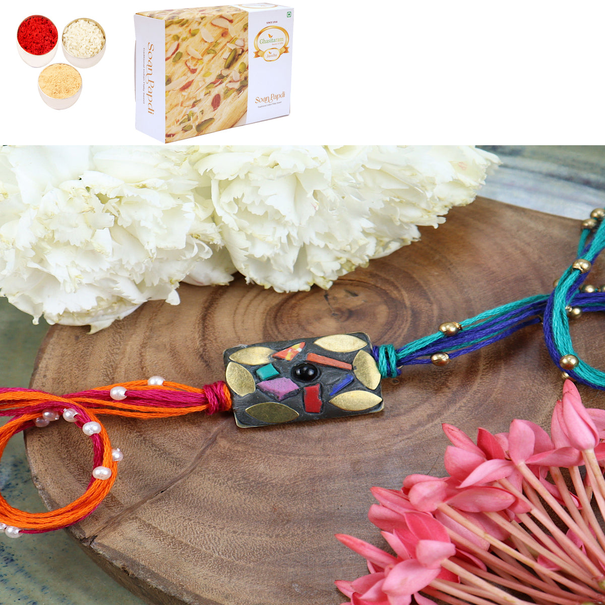 Rakhis Online USA- ST24-037- Metal Mosaic Premium Rakhi with 200 gms of Soan Papdi