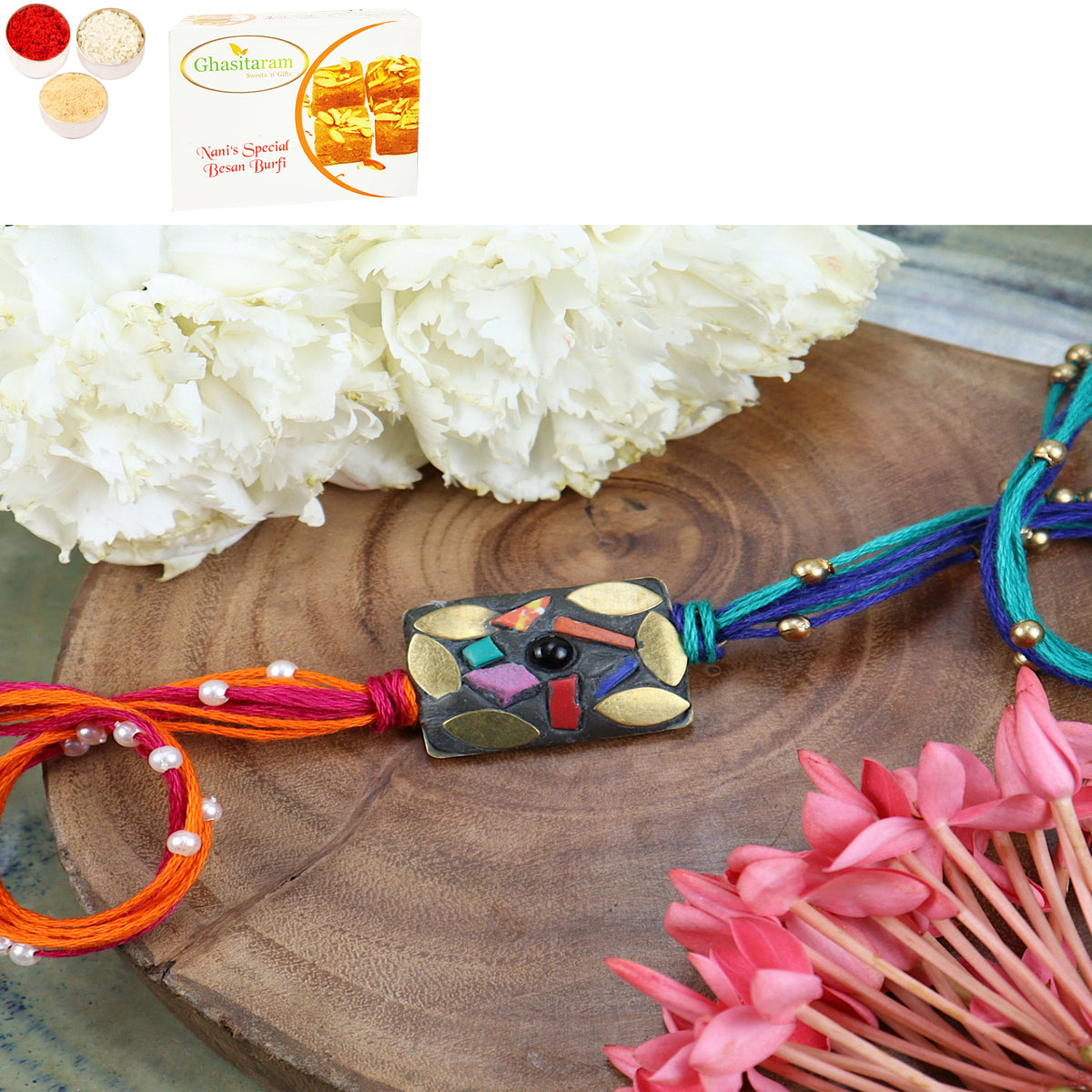 Rakhis Online UK- ST24-037- Metal Mosaic Premium Rakhi with 200 gms of Besan Barfi