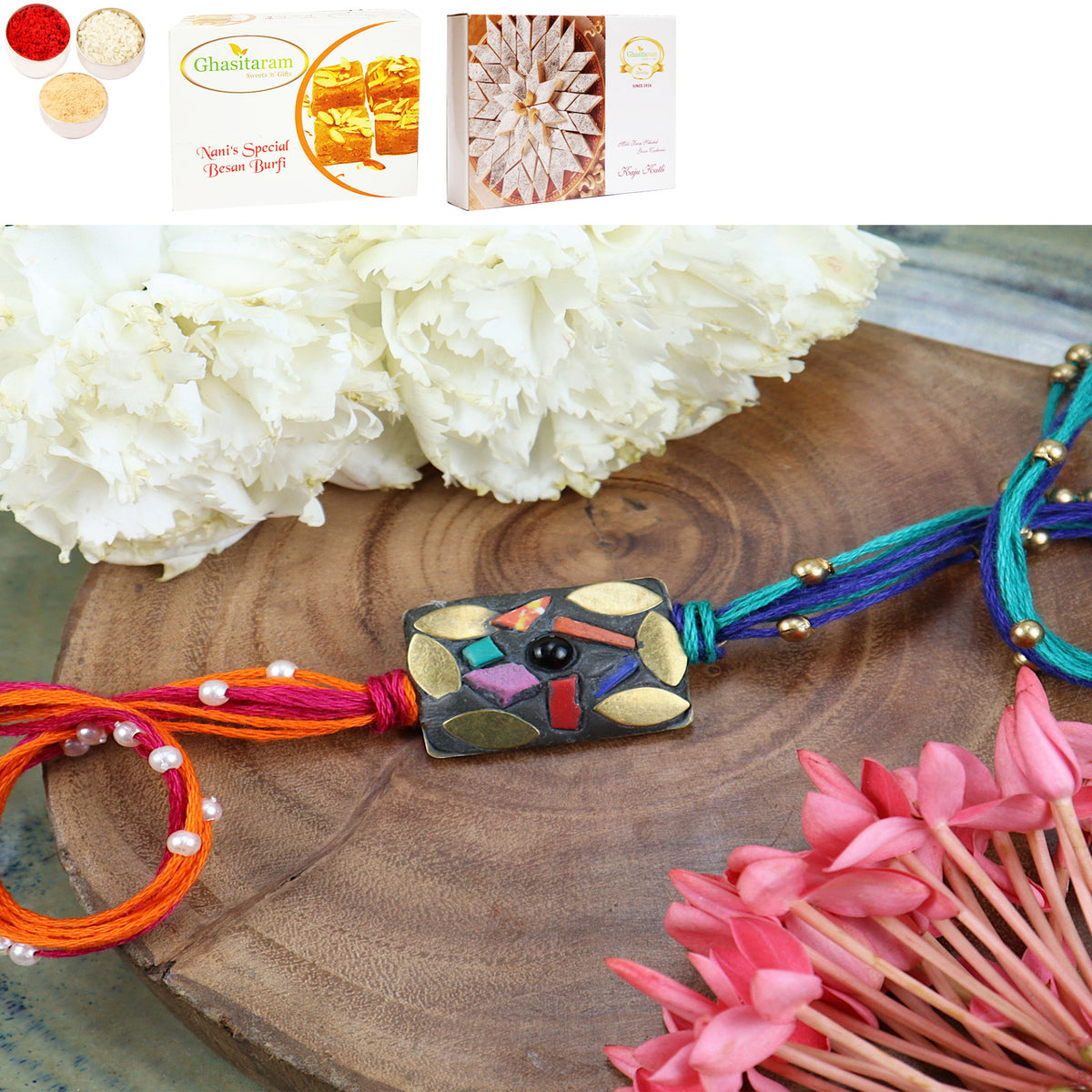 ST24-037- Metal Mosaic Premium Rakhi with 200 gms of Besan Barfi and 200 gms of Kaju Katli