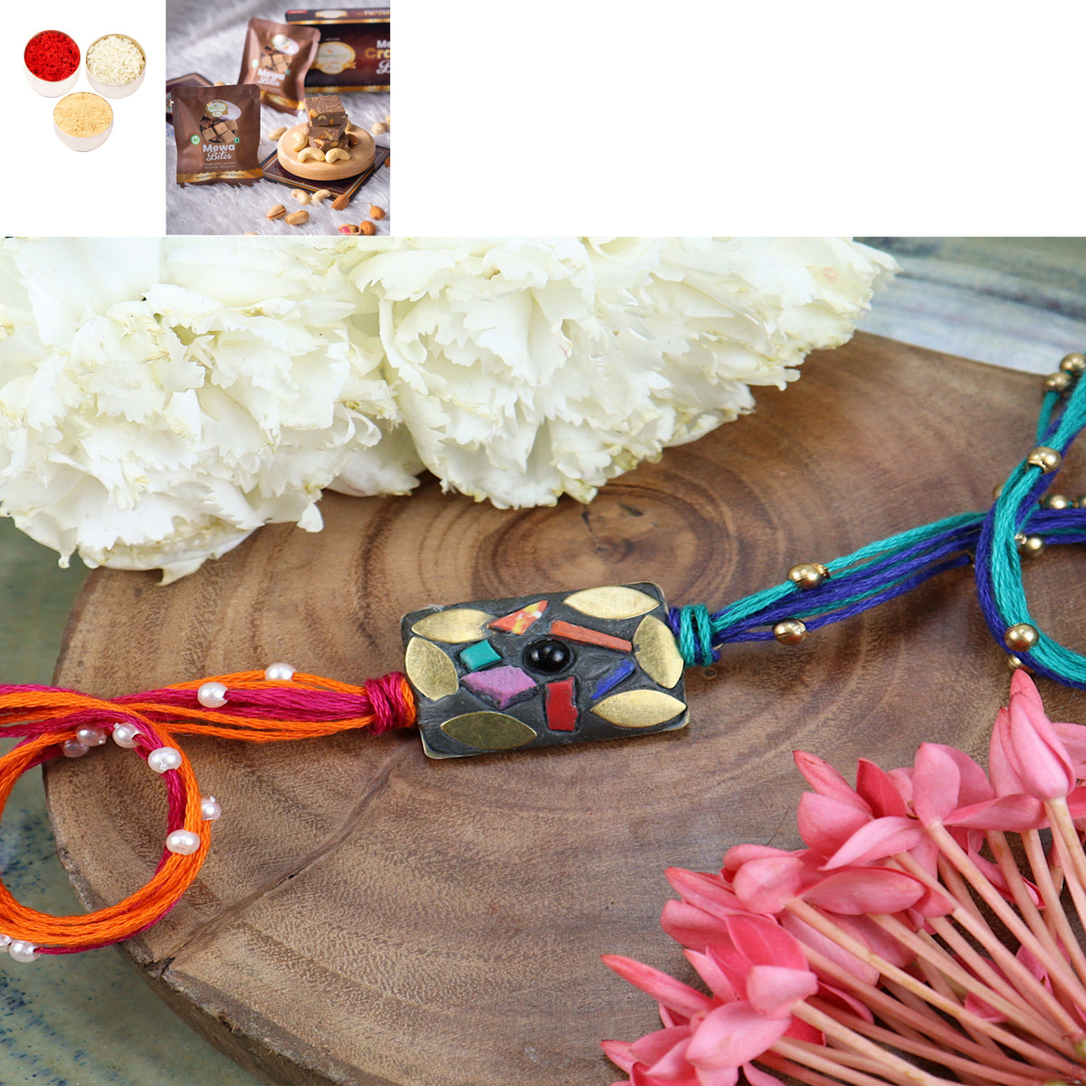 Rakhis Online USA- ST24-037- Metal Mosaic Premium Rakhi with Mewa Bite Box