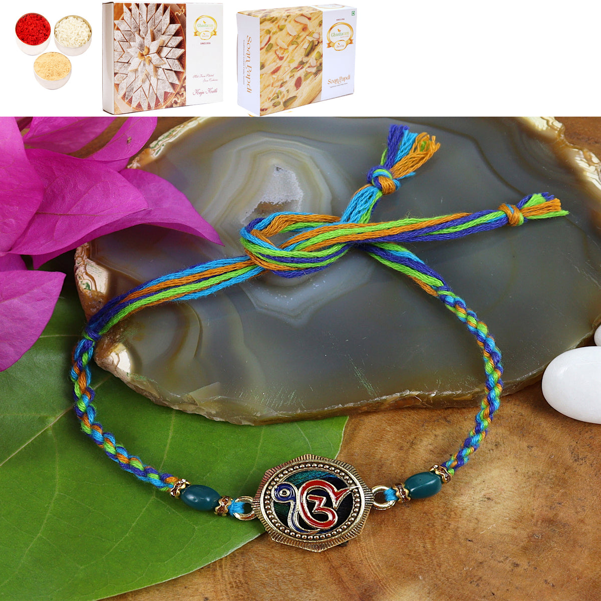 ST24-106 ekomkar Peacock Premium Rakhi with 200 gms of Kaju katli and 200 gms of Soan Papdi