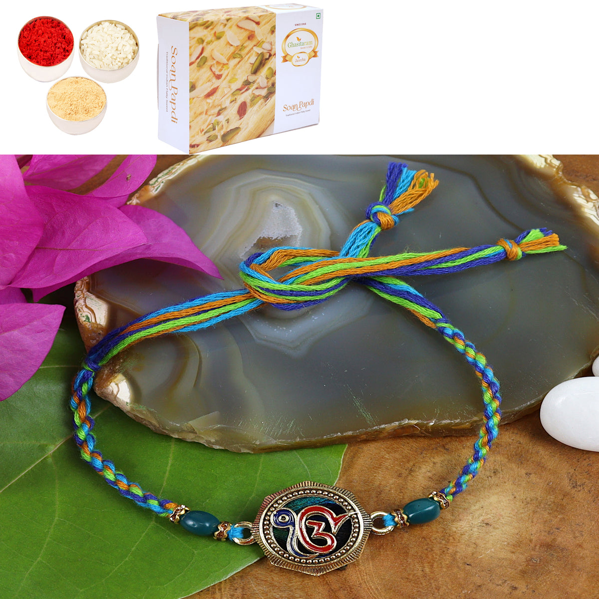 ST24-106 ekomkar Peacock Premium Rakhi with 400 gms of Soan Papdi