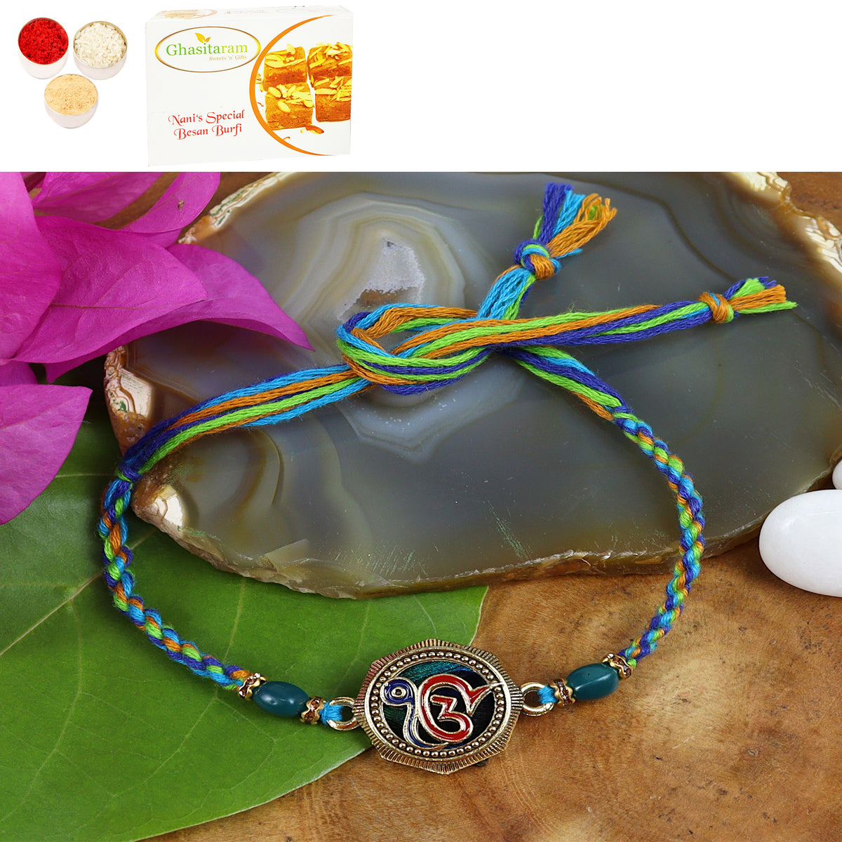 ST24-106 ekomkar Peacock Premium Rakhi with 400 gms of Besan Barfi