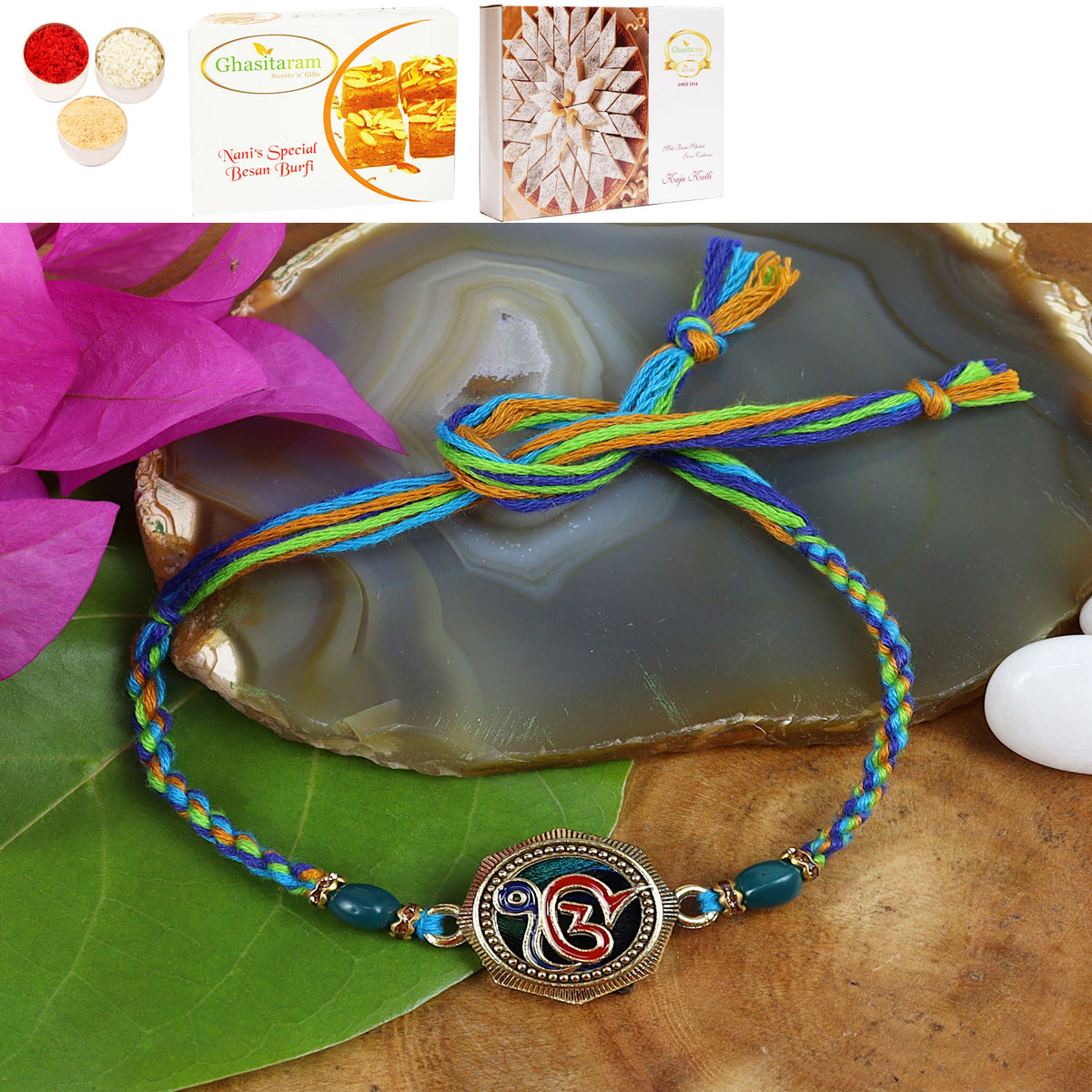 ST24-106 ekomkar Peacock Premium Rakhi with 200 gms of Besan Barfi and 200 gms of Kaju Katli