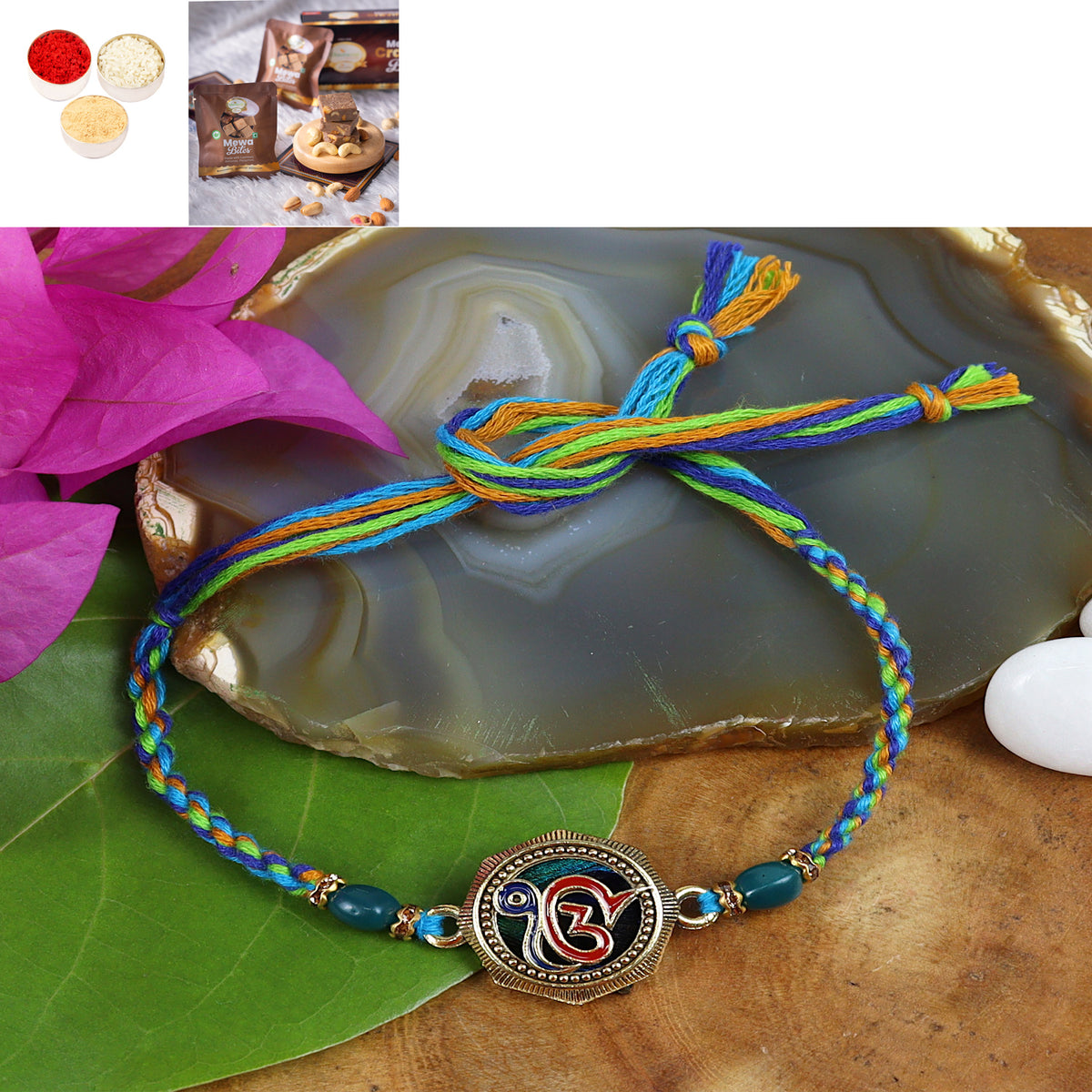 Rakhis Online UK- ST24-106 ekomkar Peacock Premium Rakhi with Mewa Bite Box