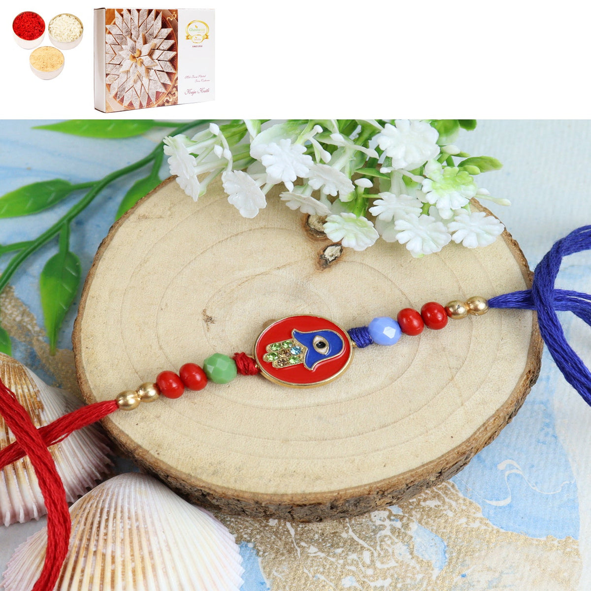 Rakhis Online Australia- ST23-161 Evil Eye Premium Rakhi with 200 gms of Kaju katli