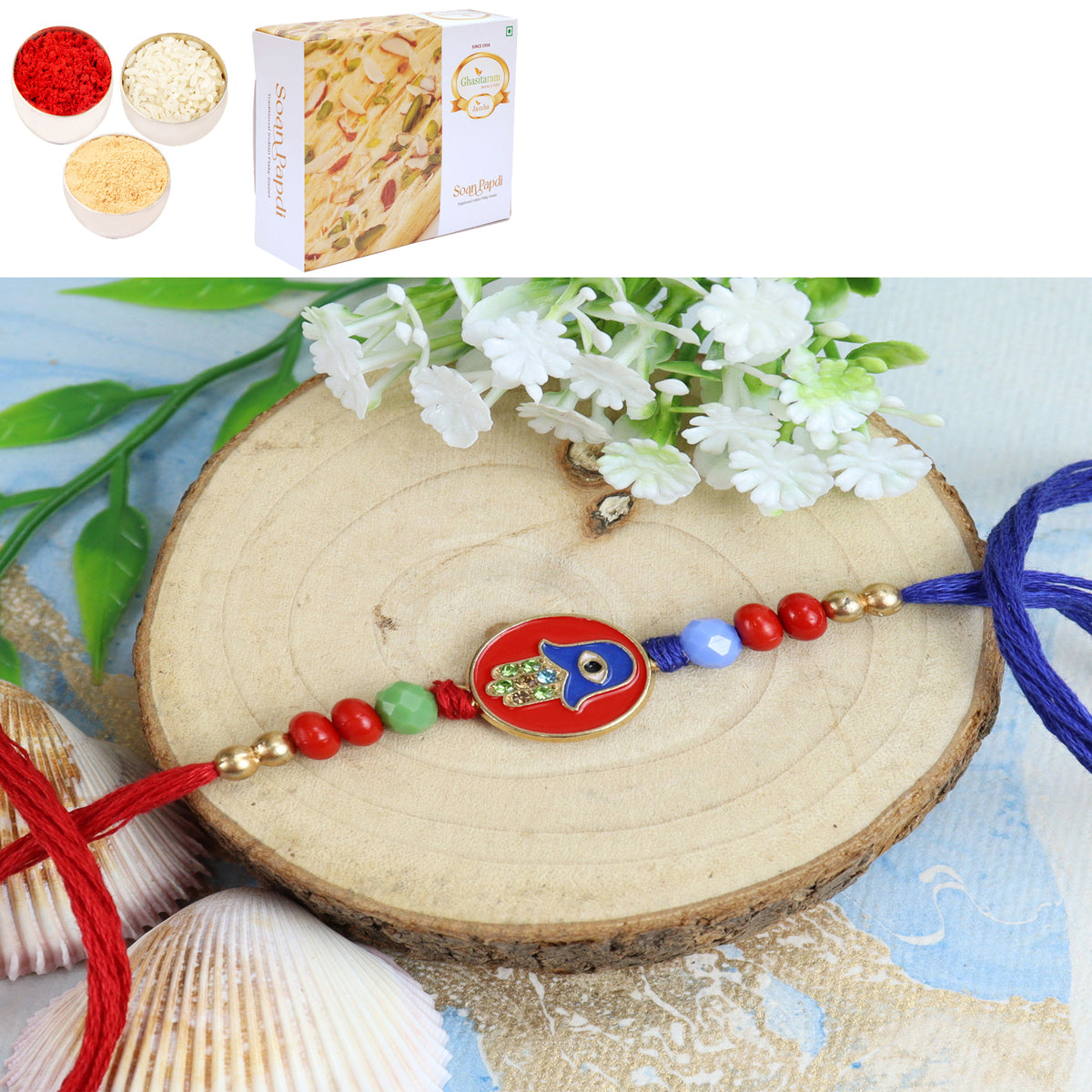Rakhis Online USA- ST23-161 Evil Eye Premium Rakhi with 200 gms of Soan Papdi
