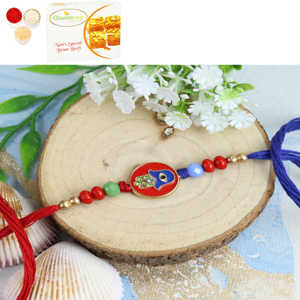 Rakhis Online USA- ST23-161 Evil Eye Premium Rakhi with 200 gms of Besan Barfi