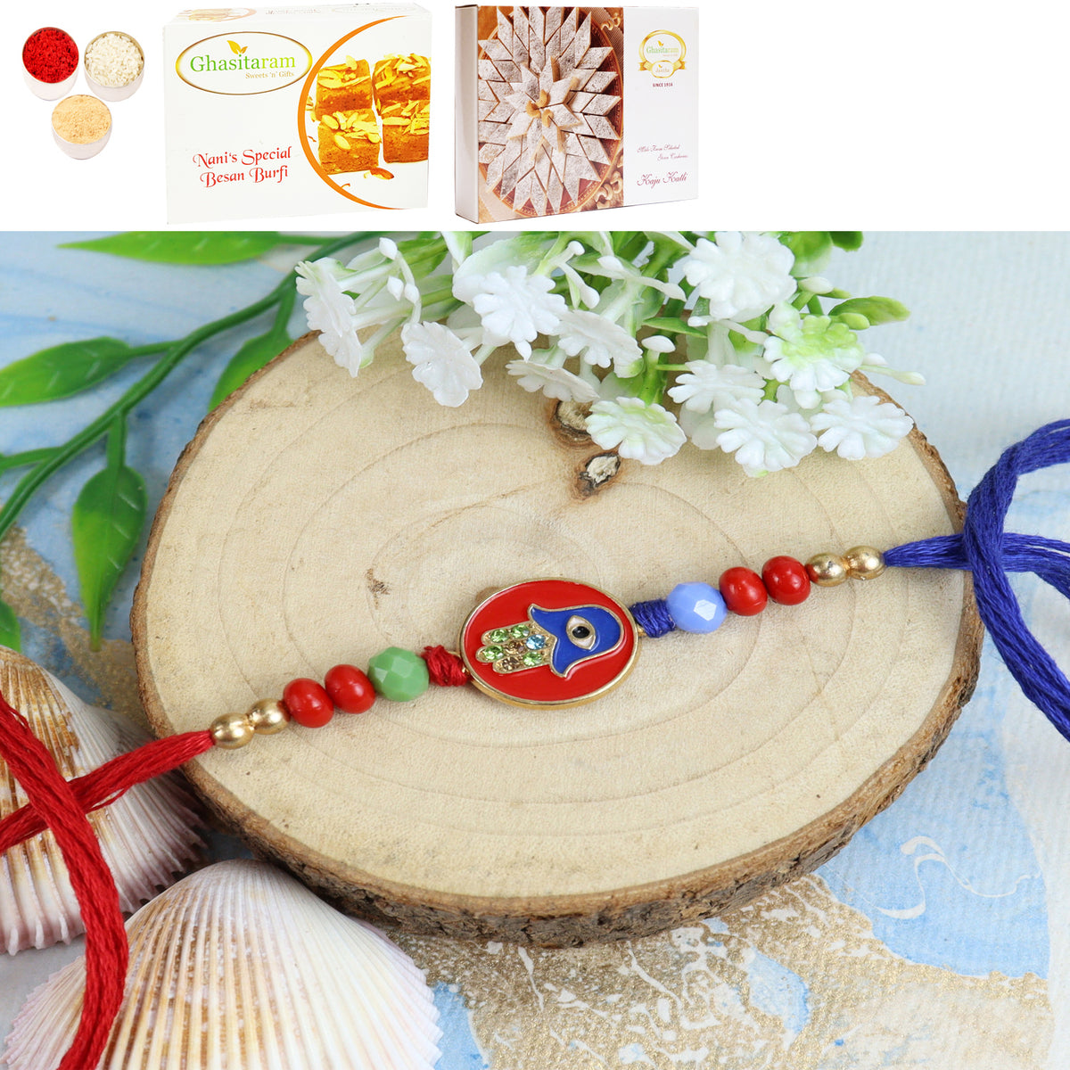 ST23-161 Evil Eye Premium Rakhi with 200 gms of Besan Barfi and 200 gms of Kaju Katli