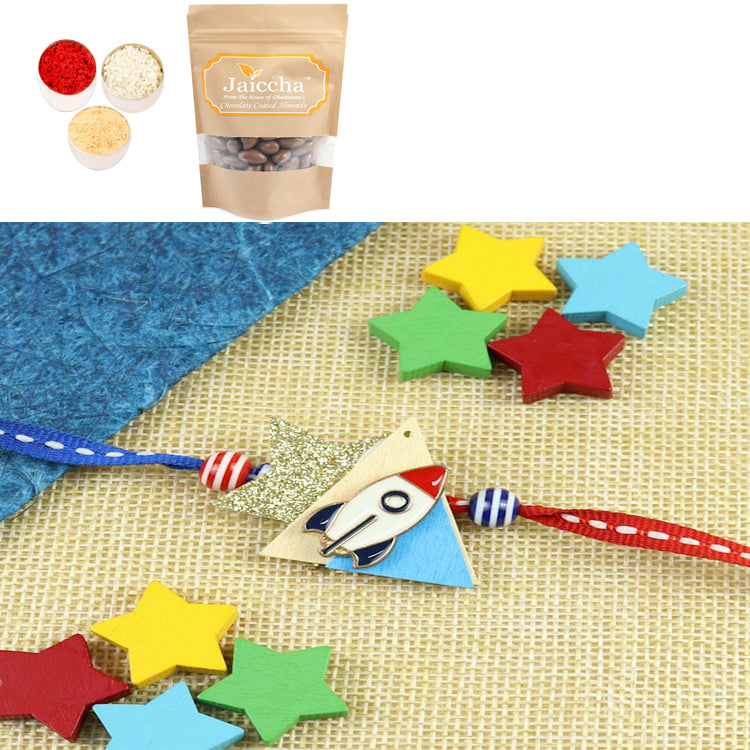 KR25-097-Rocket Kids Rakhi - Metal with Chocolate Coated Almonds 200 gms
