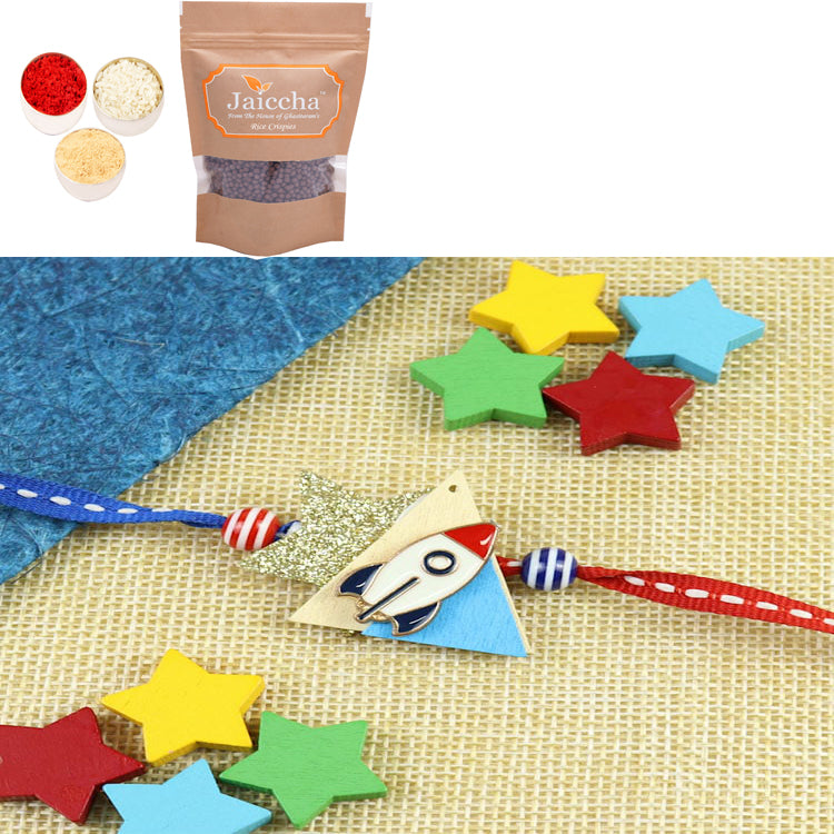 KR25-097-Rocket Kids Rakhi - Metal with Chocolate Coated Rice Crispies 200 gms