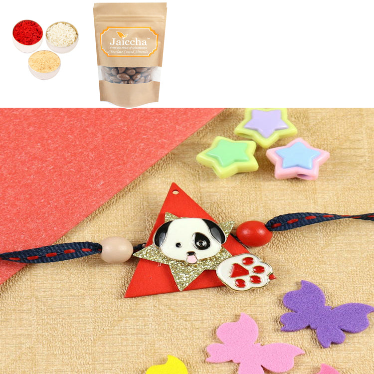KR25-113-Dog And Paw Kids Rakhi with Chocolate Coated Almonds 200 gms