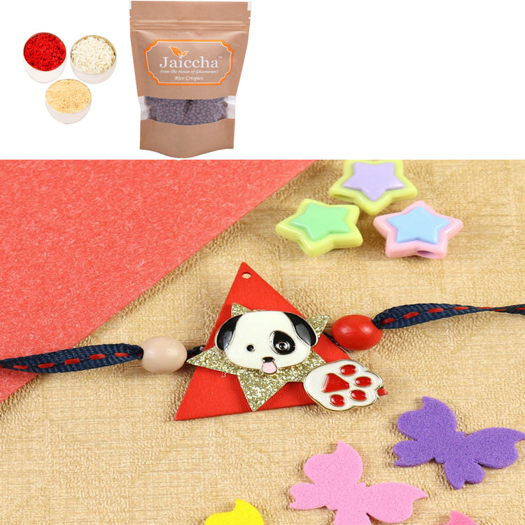KR25-113-Dog And Paw Kids Rakhi with Chocolate Coated Rice Crispies 200 gms