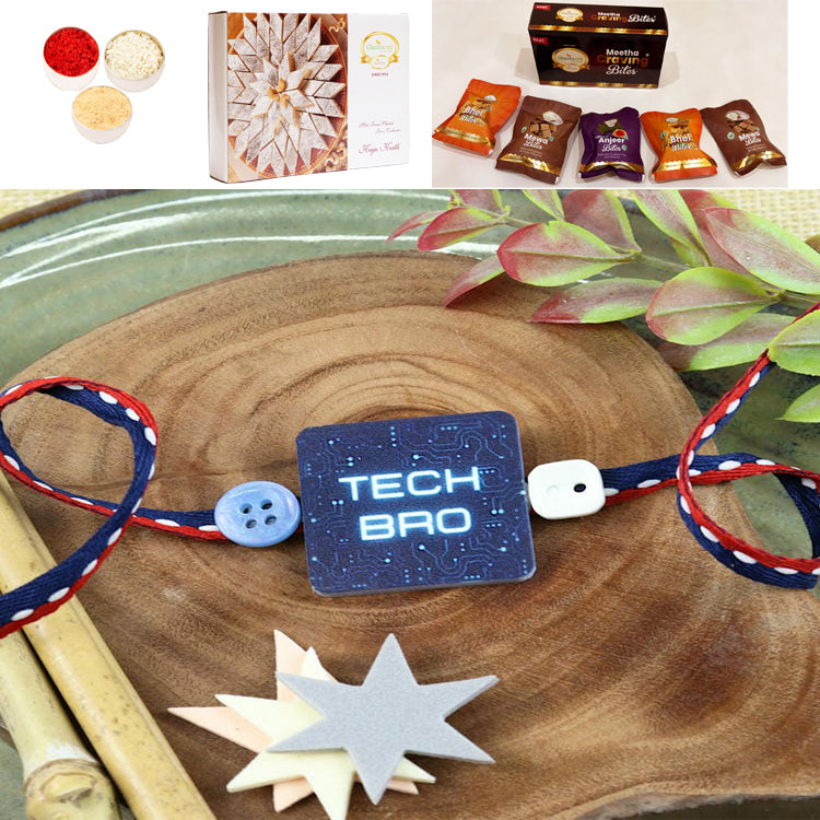PRK24-028-Tech BRO Premium Rakhi with Asorted bites box and 200 gms of Kaju katli