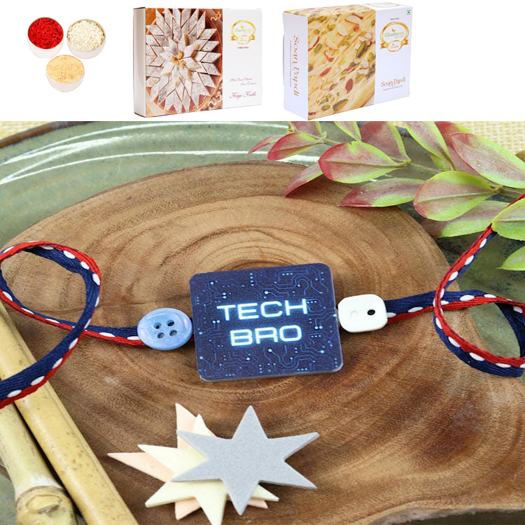 PRK24-028-Tech BRO Premium Rakhi with 200 gms of Kaju katli and 200 gms of Soan Papdi