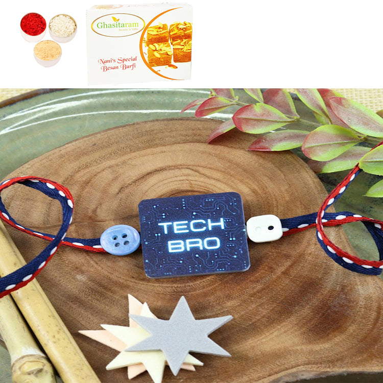 Rakhis Online UK-PRK24-028-Tech BRO Premium Rakhi with 200 gms of Besan Barfi