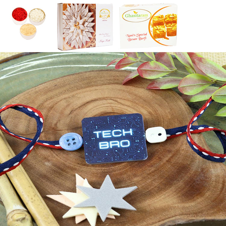 PRK24-028-Tech BRO Premium Rakhi with 200 gms of Besan Barfi and 200 gms of Kaju Katli