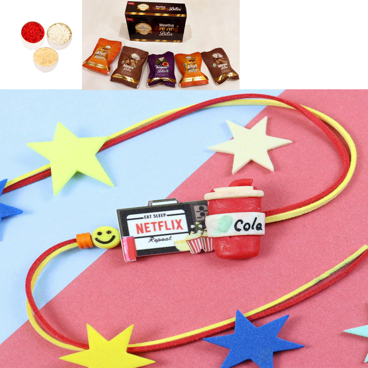PRK24-080-Netflix Cola Printed Premium Rakhi with Asorted bites box