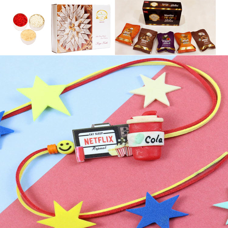 PRK24-080-Netflix Cola Printed Premium Rakhi with Asorted bites box and 200 gms of Kaju katli