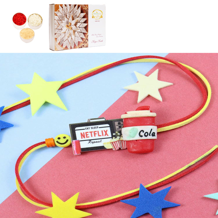 Rakhis Online Australia-PRK24-080-Netflix Cola Printed Premium Rakhi with 200 gms of Kaju katli