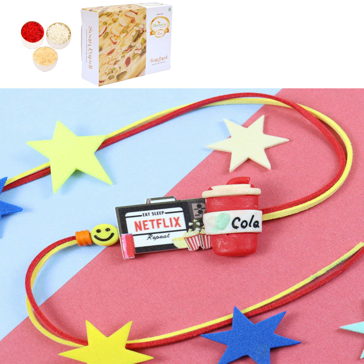 Rakhis Online UK-PRK24-080-Netflix Cola Printed Premium Rakhi with 200 gms of Soan Papdi