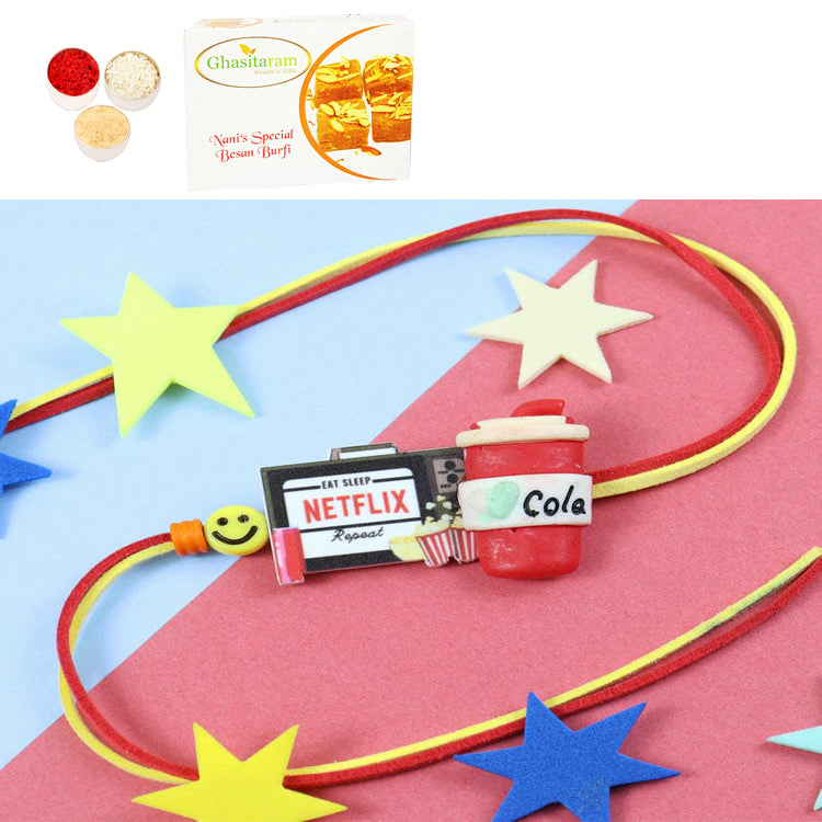 Rakhis Online Australia-PRK24-080-Netflix Cola Printed Premium Rakhi with 200 gms of Besan Barfi