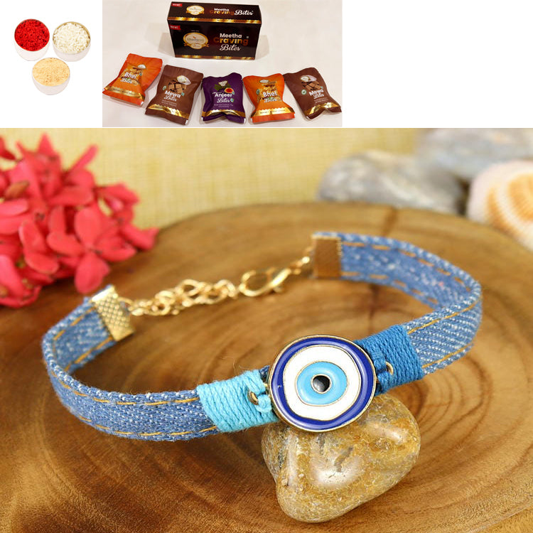 PRK25-005-Handmade Demin Band Evil Eye Bracelet Premium Rakhi with Asorted bites box