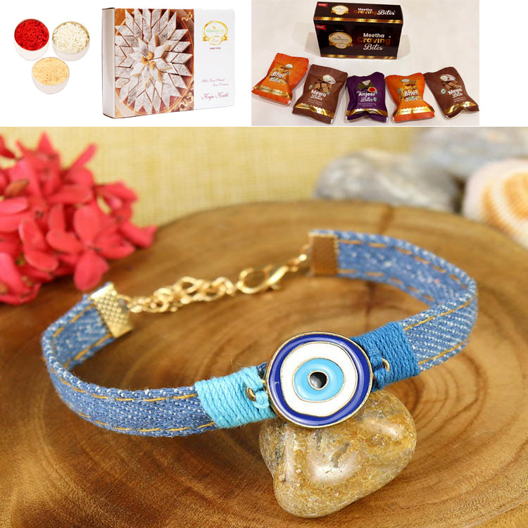 PRK25-005-Handmade Demin Band Evil Eye Bracelet Premium Rakhi with Asorted bites box and 200 gms of Kaju katli