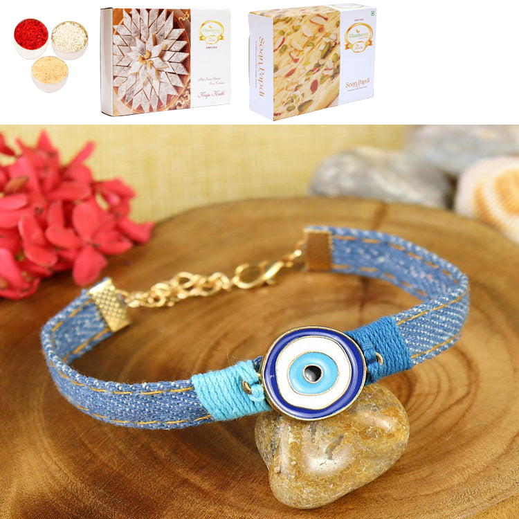 PRK25-005-Handmade Demin Band Evil Eye Bracelet Premium Rakhi with 200 gms of Kaju katli and 200 gms of Soan Papdi