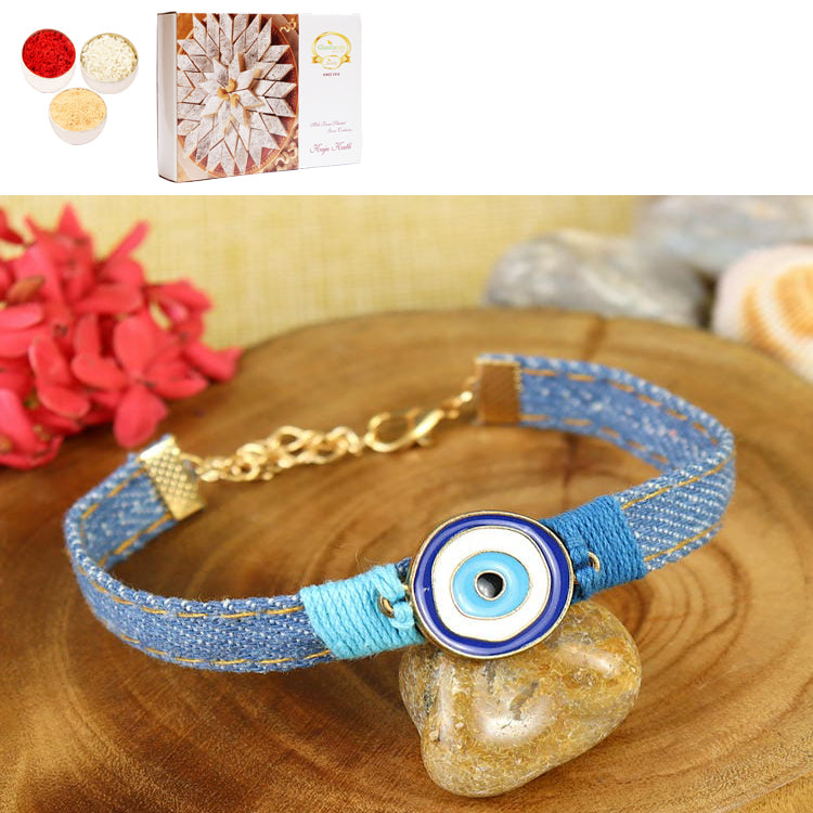 Rakhis Online Australia-PRK25-005-Handmade Demin Band Evil Eye Bracelet Premium Rakhi with 200 gms of Kaju katli