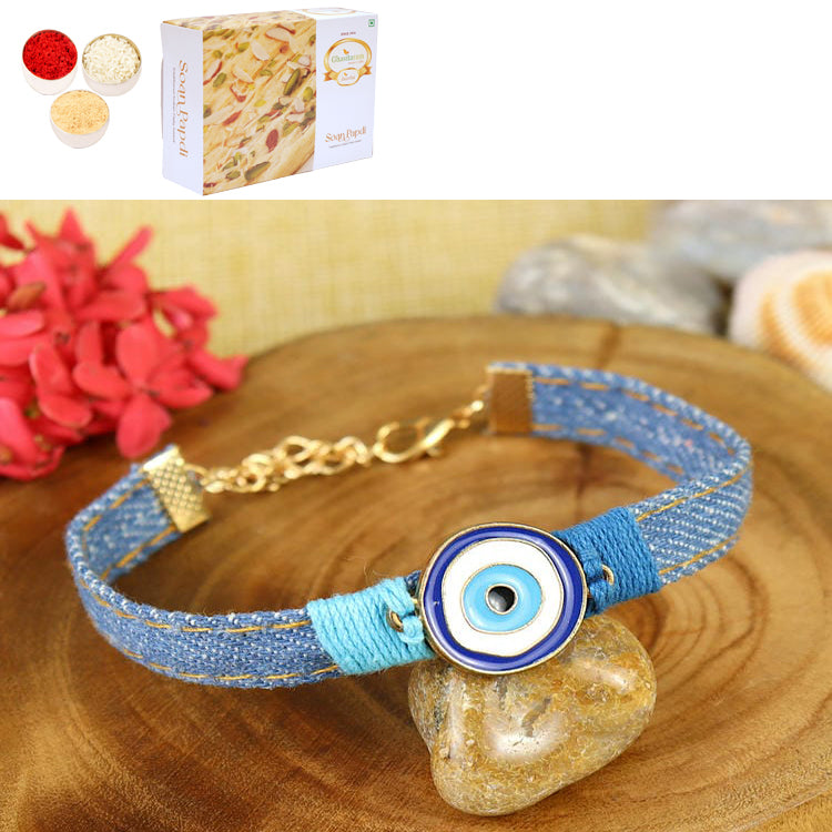 Rakhis Online Australia-PRK25-005-Handmade Demin Band Evil Eye Bracelet Premium Rakhi with 200 gms of Soan Papdi