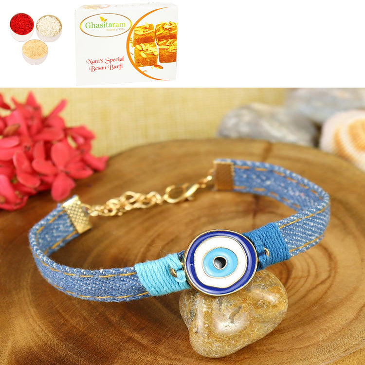 Rakhis Online UK-PRK25-005-Handmade Demin Band Evil Eye Bracelet Premium Rakhi with 200 gms of Besan Barfi