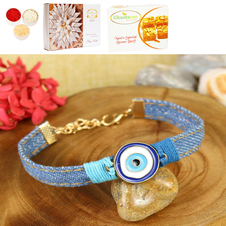 PRK25-005-Handmade Demin Band Evil Eye Bracelet Premium Rakhi with 200 gms of Besan Barfi and 200 gms of Kaju Katli