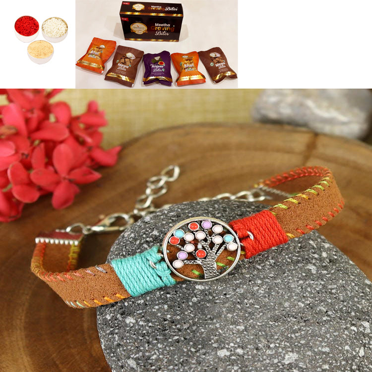 Rakhis Online USA-PRK25-007-Handmade Woven Leather Band Tree Of Life Bracelet Premium Rakhi with Asorted bites box
