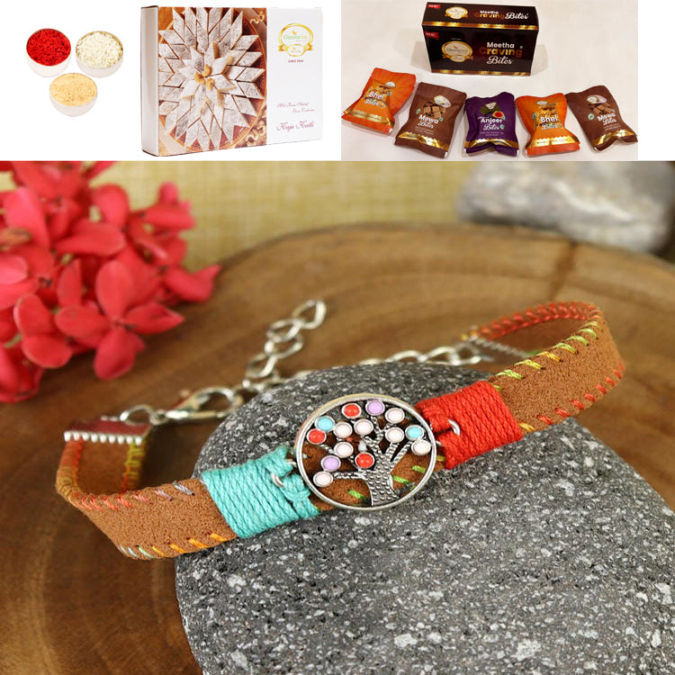 PRK25-007-Handmade Woven Leather Band Tree Of Life Bracelet Premium Rakhi with Asorted bites box and 200 gms of Kaju katli