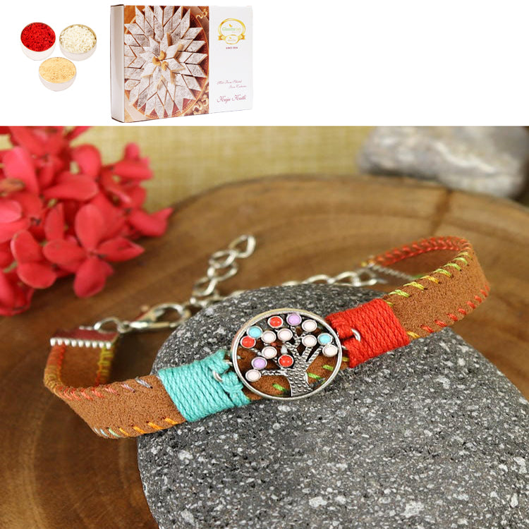 PRK25-007-Handmade Woven Leather Band Tree Of Life Bracelet Premium Rakhi with 400 gms of Kaju katli