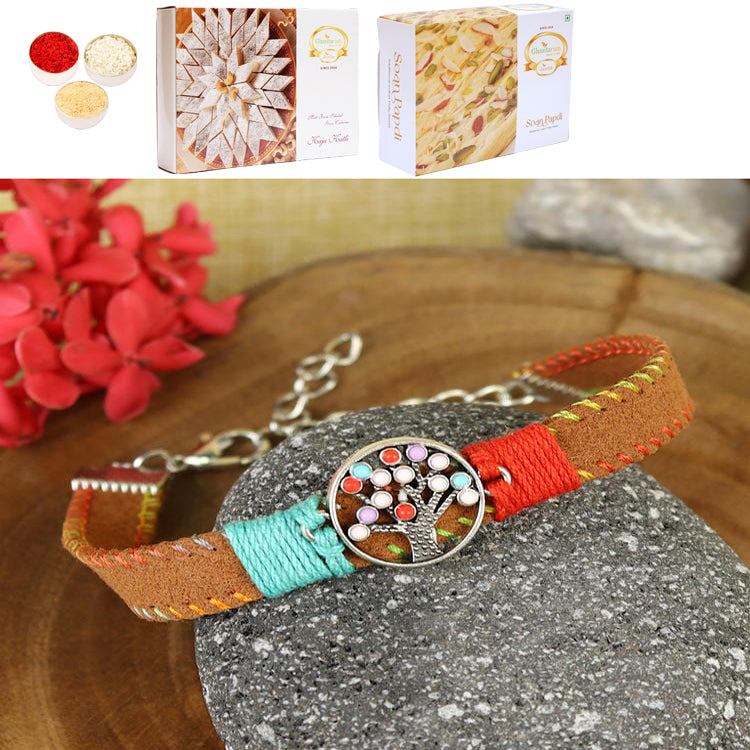 PRK25-007-Handmade Woven Leather Band Tree Of Life Bracelet Premium Rakhi with 200 gms of Kaju katli and 200 gms of Soan Papdi