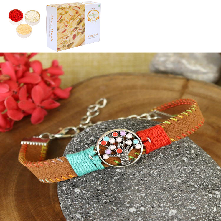 Rakhis Online USA-PRK25-007-Handmade Woven Leather Band Tree Of Life Bracelet Premium Rakhi with 200 gms of Soan Papdi