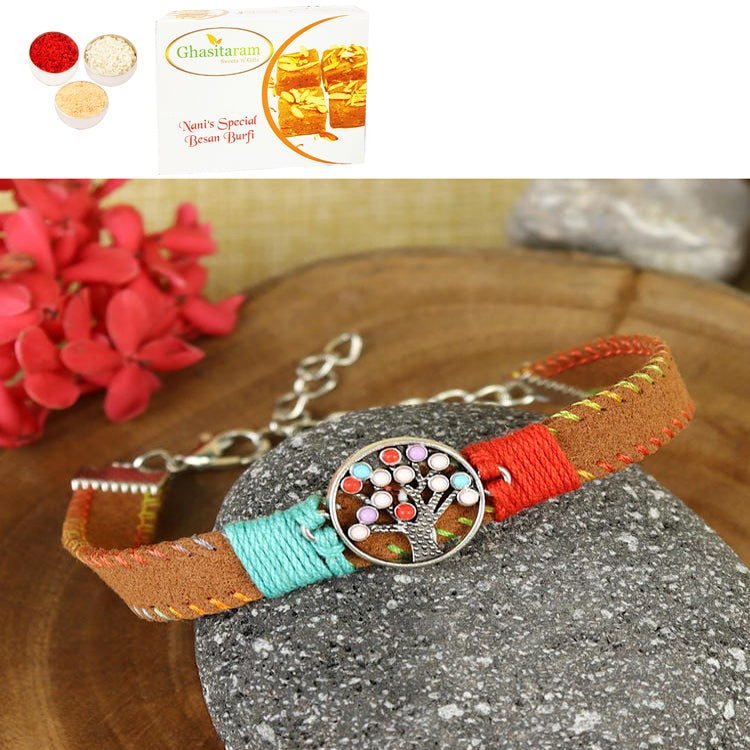 Rakhis Online UK-PRK25-007-Handmade Woven Leather Band Tree Of Life Bracelet Premium Rakhi with 200 gms of Besan Barfi
