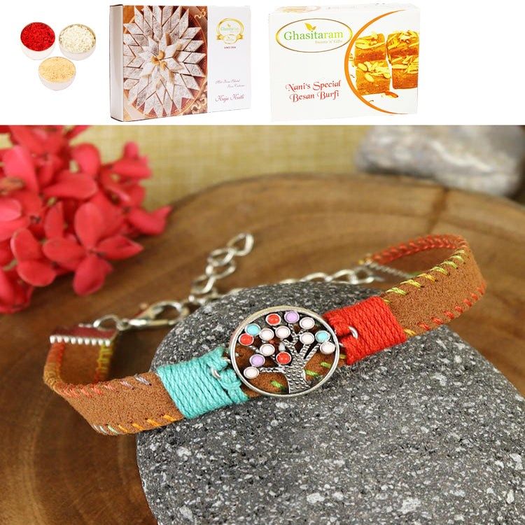 PRK25-007-Handmade Woven Leather Band Tree Of Life Bracelet Premium Rakhi with 200 gms of Besan Barfi and 200 gms of Kaju Katli