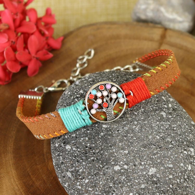 Rakhis Online UK-PRK25-007-Handmade Woven Leather Band Tree Of Life Bracelet Premium Rakhi