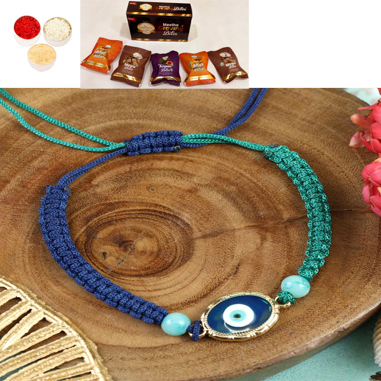 PRK25-008-Macrame Evil Eye Bracelet Premium Rakhi with Asorted bites box