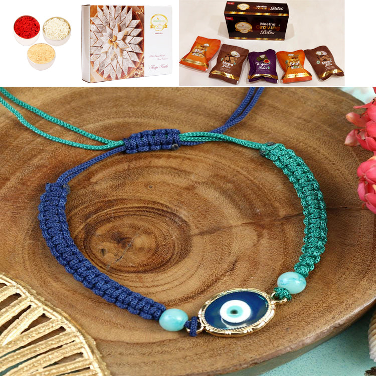 PRK25-008-Macrame Evil Eye Bracelet Premium Rakhi with Asorted bites box and 200 gms of Kaju katli