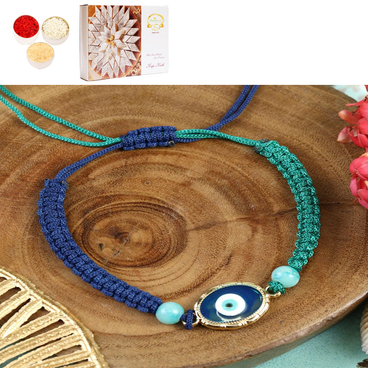 PRK25-008-Macrame Evil Eye Bracelet Premium Rakhi with 400 gms of Kaju katli