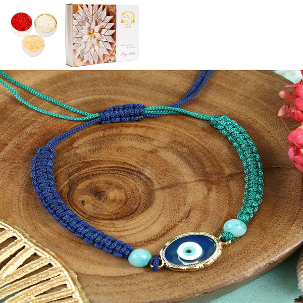 PRK25-008-Macrame Evil Eye Bracelet Premium Rakhi with 400 gms of Kaju katli