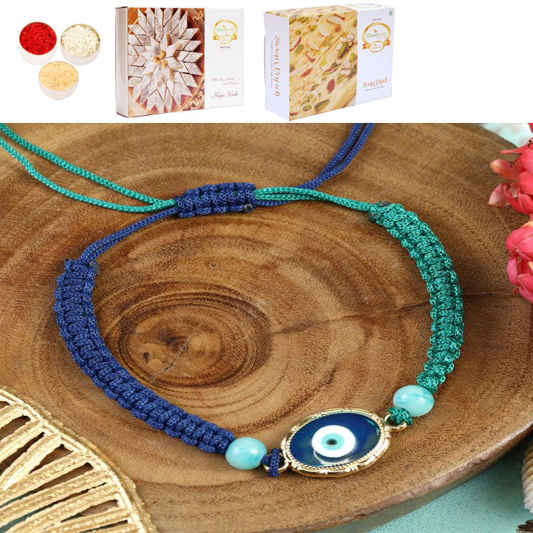 PRK25-008-Macrame Evil Eye Bracelet Premium Rakhi with 200 gms of Kaju katli and 200 gms of Soan Papdi