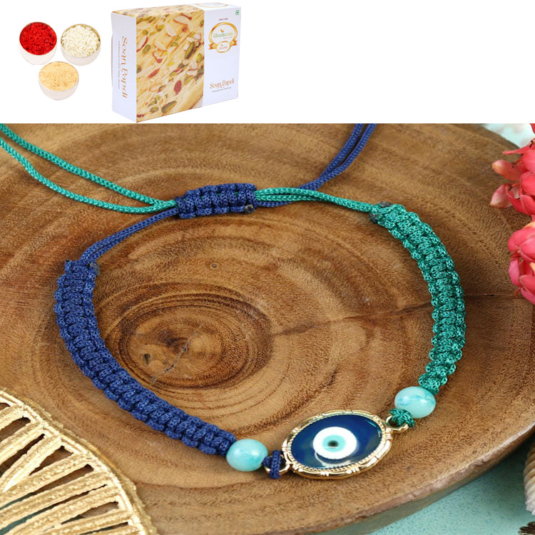 PRK25-008-Macrame Evil Eye Bracelet Premium Rakhi with 400 gms of Soan Papdi