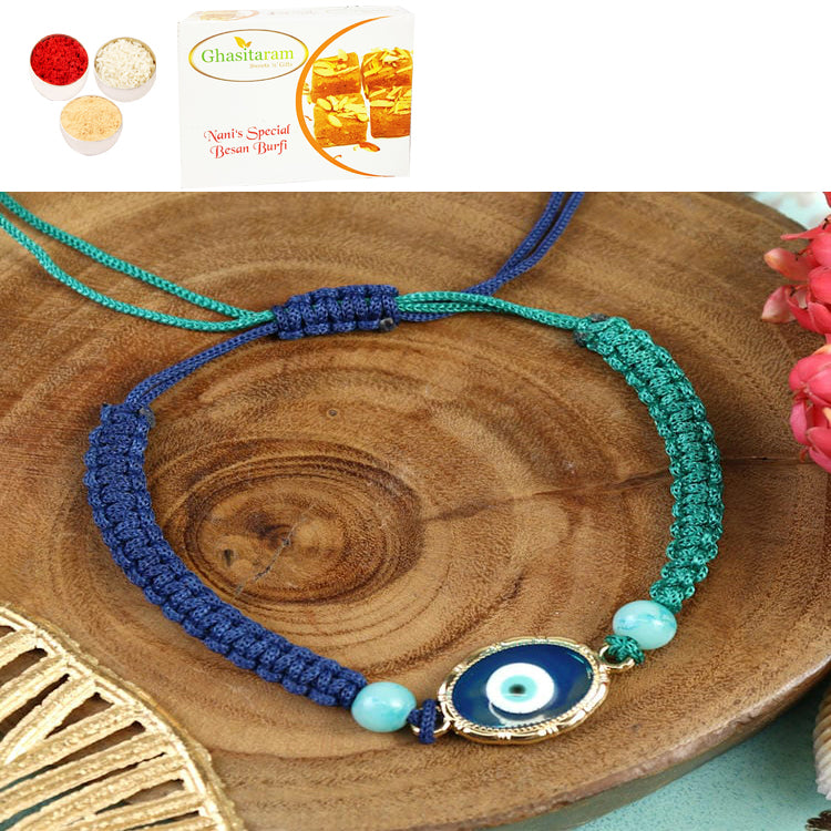 Rakhis Online UK-PRK25-008-Macrame Evil Eye Bracelet Premium Rakhi with 200 gms of Besan Barfi