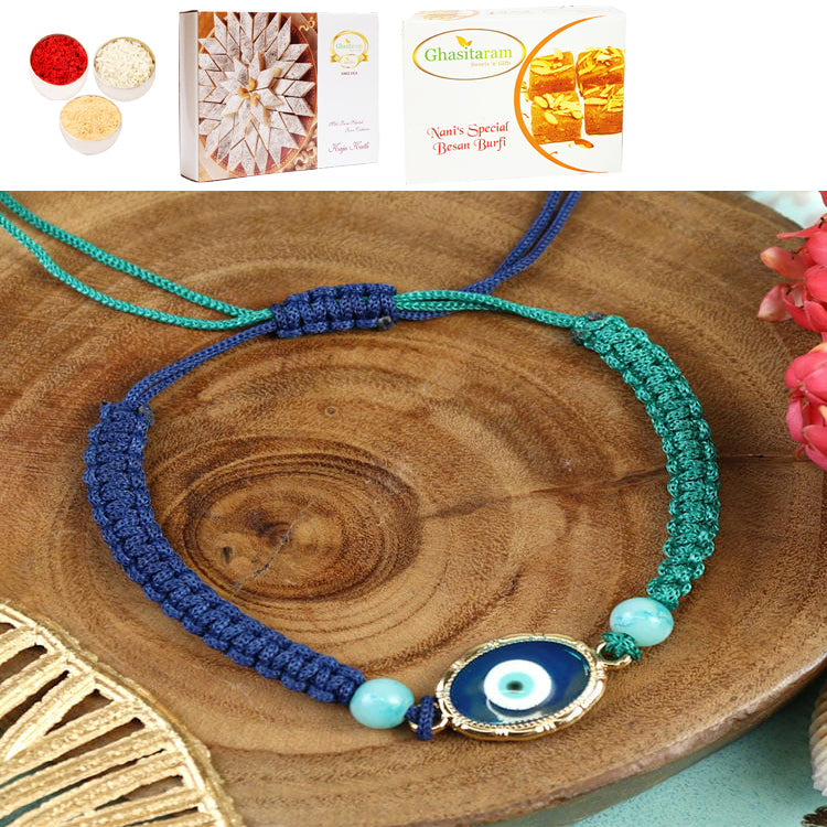 PRK25-008-Macrame Evil Eye Bracelet Premium Rakhi with 200 gms of Besan Barfi and 200 gms of Kaju Katli